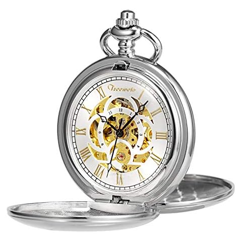 TREEWETO Pocket Watch Classic Smooth Double Case Mechanical Pocket Watches Steampunk Roman Numerals Fob Watch for Men Women with Chain + Gift Box Cover