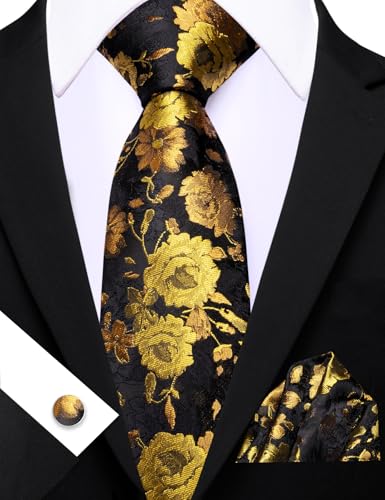 Image of Barry.Wang Flower Ties for Men Handkerchief Cufflinks Set Wedding Necktie Set Party