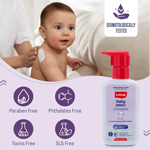 Image of LuvLap Baby Lotion with Milk Protein - 100ml, Suitable for Baby's Delicate Skin, 24 Hour Protection for Sensitive Skin, Shea Butter and VIT E, Paraben Free, Sweet Almond Oil, Dermatologically Tested