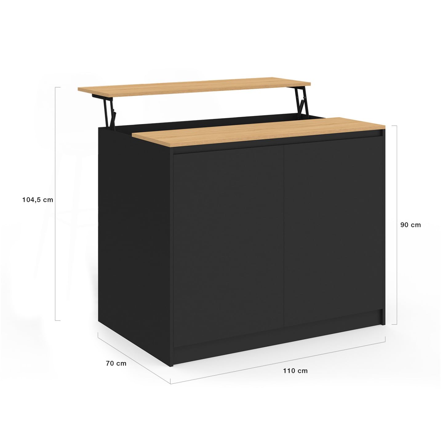 IDMarket - Ilot Central Cesar 110 cm avec Tablette relevable rectangulaire Bois Noir et façon hêtre
