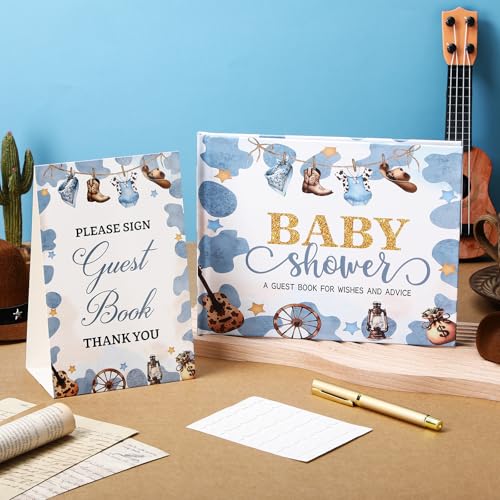 Image of Fuyoooo 27 Pcs Baby Shower Guest Book Baby Shower Sign in Guest Book Reception with Sonogram Page Keepsake Includes Gold Pen Table Card and Adhesive Photo Corner for Birthday(Western Cowboy)