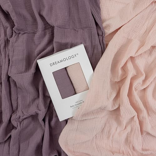 Image of Dreamology Muslin Swaddle Blankets for Newborn,2 Pack,Cotton Blankets for Boys,Girls,100% Cotton,Soft and Breathable Baby Receiving Blankets Baby Boy,Girl, 44x44 Swaddle Blanket | Purple and Pink