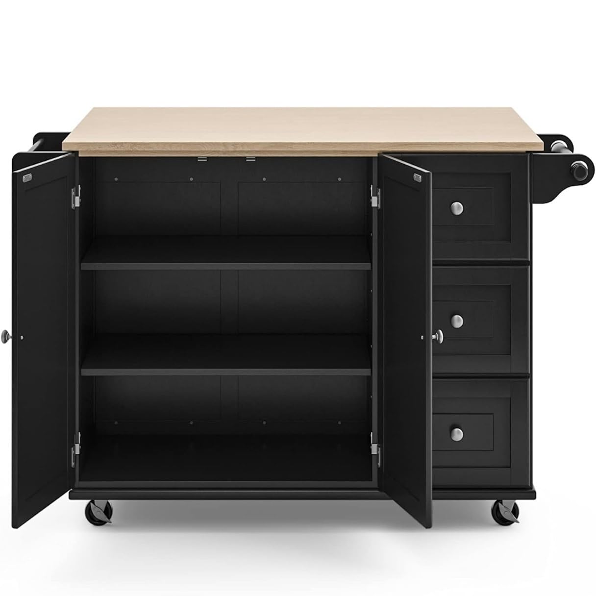 Carro rodante Carrito de Cocina con Tapa Madera y Barra abatible, Isla móvil rodante Almacenamiento toallero, Negro