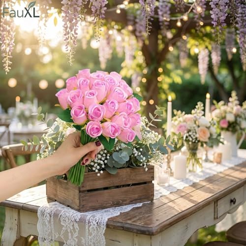 Image of Set of 24 Pcs Artificial Rose Flowers Bunches for Vase - Home Decoration Gift Items for Living Room Corner Table Top Bedroom Wedding (Pot Not Included) - 24 CM (Pink-Purple)