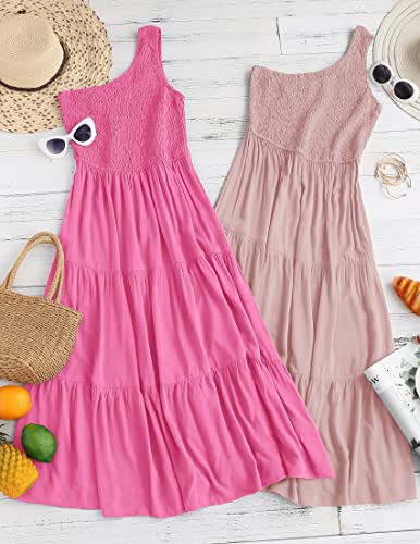 Image of ZESICA Women's 2026 Bohemian Summer Floral Print One Shoulder Sleeveless Smocked Ruffle Tiered Beach Long Midi Dress