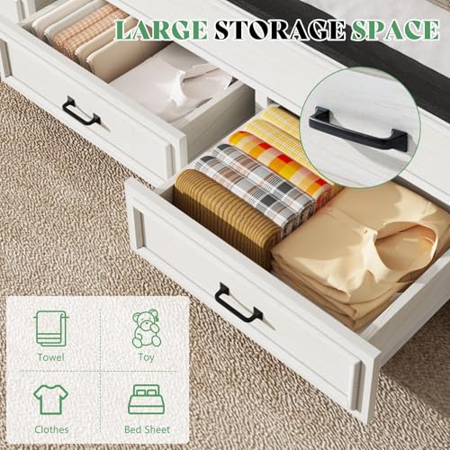 Image of AMERLIFE Queen Size Farmhouse Bed Frame with 52.2 inch Tall Panel Headboard & Footboard, Storage Bed Frame with Spacious Drawers, No Box Spring Needed, Platform Bed Frame for Bedroom, White