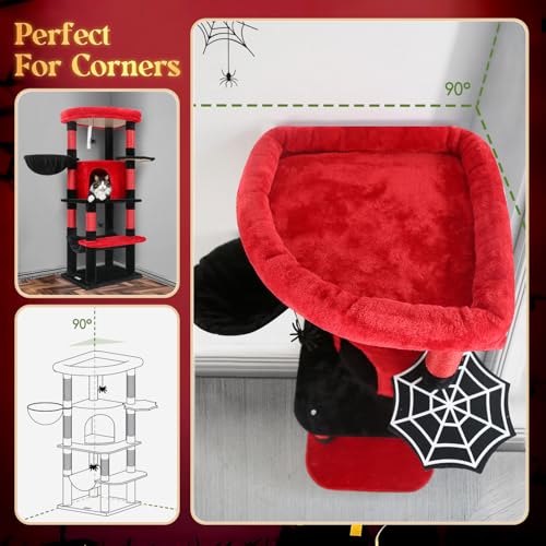 Image of Globlazer Gothic Corner Cat Tree Tower with Scratching Post for Indoor Cats, 51inch Goth Cat Condo Tower with Large Hammock, Fan-Shaped Padded Perch, Spacious Cat Cave, Hanging Basket, C51, Red Black