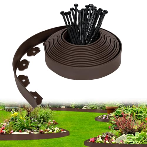 INHEMING Flexible Rasenkante Kunststoff, 5m*5cm Rasenabgrenzung Beeteinfassung Rund, Rasenkanten Elastische Garten mit 15 Erdanker, Beeteinfassung Rund Kurven, Beetumrandung Rasen, Braun
