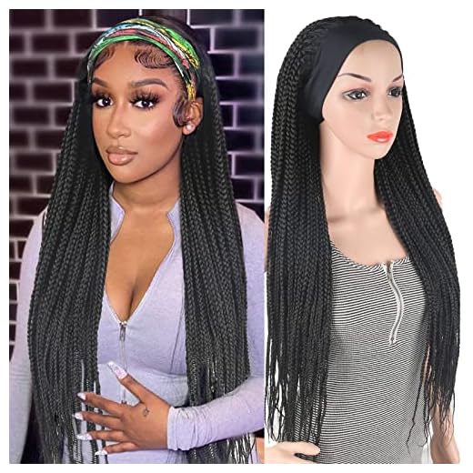 LEOSA Braided Headband Wigs for Black Women Box Braided Wig Long Cornrow Twist Crochet Hair Wrap Wig with Headband Attached Synthetic Black Braided Headband Wig Box Braid Crochet Hair 30 inch