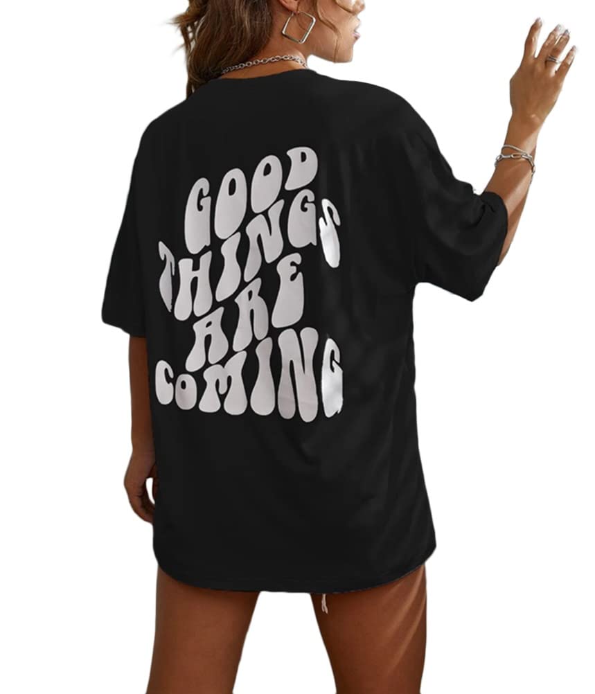 Tomwell T-Shirt Damen Kurzarm Sport Sommer Oberteile Oversize Tshirt mit Buchstaben Muster Lose Rundhals Rückendruck Bluse Teenager Mädchen Tunika Lang Top D Schwarz XXL