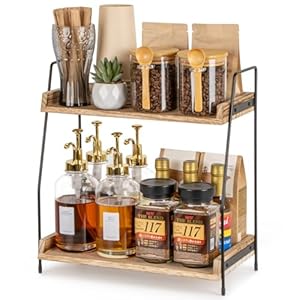 ANBOXIT Koffie-organizer voor werkblad, houten keukenrek, koffiebar-accessoire en -organizer, opbergmeubel met 2 planken voor koffie en specerijen, koffiehouder voor thuis, badkamer, kantoor