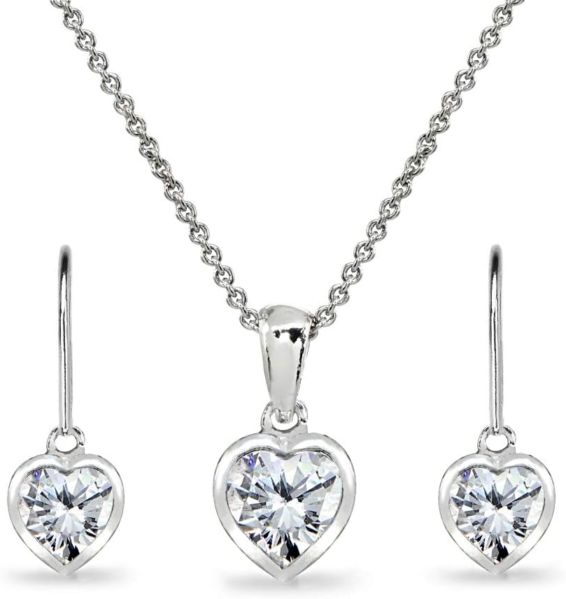 Jewelry Sets for Women, Heart Necklace and Earring Sets for Women, Birthstone Jewelry, Bezel-Set Genuine or Synthetic Gems, Pendant Necklace, Short Necklace, Dangle Earrings, Sterling Silver Jewelry