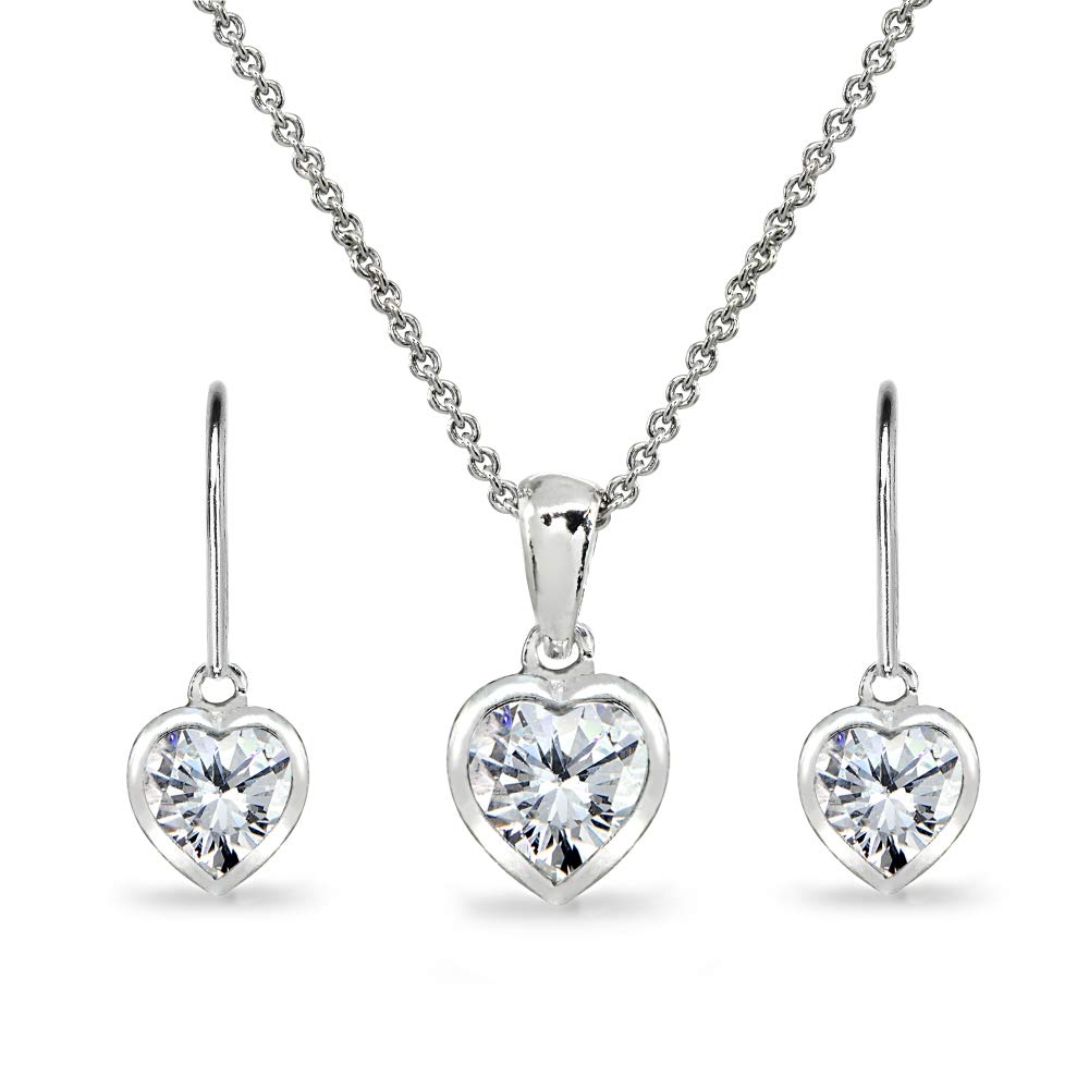 Jewelry Sets for Women, Heart Necklace and Earring Sets for Women, Birthstone Jewelry, Bezel-Set Genuine or Synthetic Gems, Pendant Necklace, Short Necklace, Dangle Earrings, Sterling Silver Jewelry