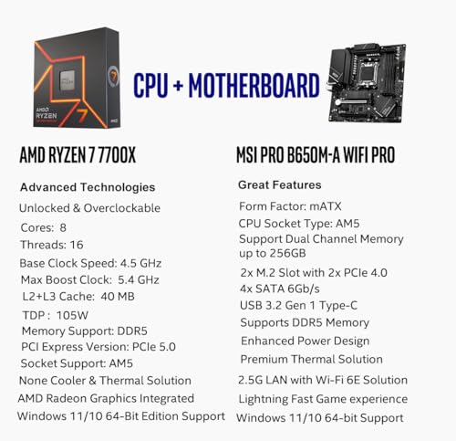 Image of INLAND AMD Ryzen 7 7700X CPU Processor with MSI PRO B650M-A WiFi ProSeries Motherboard (AM5, mATX, DDR5, M.2, USB 3.2 Gen 2, Wi-Fi 6E), Sold by Micro Center