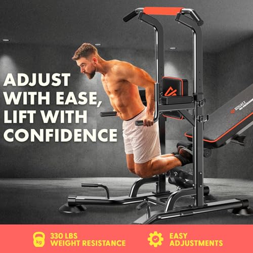 SQUATZ Pull-Up Workout Station with Bench - Multifunctional Gym Equipment Setup w/Pulling Bar, Sit-Up Board, Backrest, Elbow Pad, & Steel Main Frame, Great for Home Exercise and Weight Training