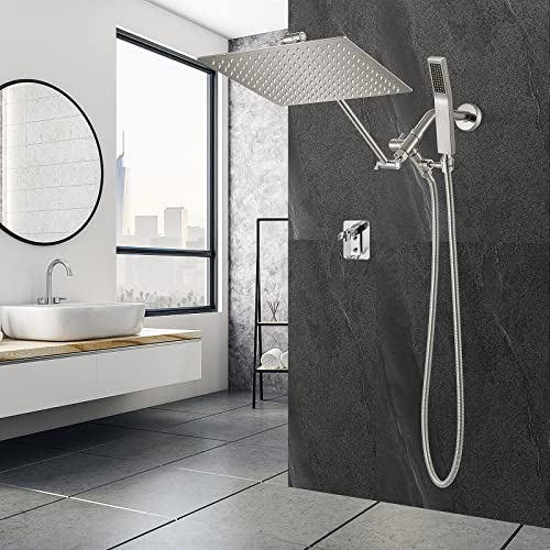 Shower Head, 12 Inch Hotqing All Metal Dual Square Shower Head Combo, Rainfall Shower Head With Handheld, Pressure High Rain Shower Head With 15 Inch Brass Adjustable Extension Arm - Brushed Nickel #TOP4