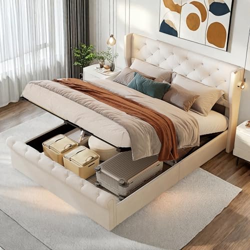 Lodera Cama de matrimonio 160x200 Beige con somier y lámpara de lectura – Cama con somier de lamas, acolchada con función de carga y espacio de almacenamiento, terciopelo suave