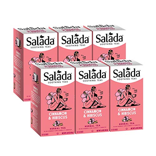 Salada Soothing Teas, Cinnamon & Hibiscus Herbal Tea 20 Individually Wrapped Tea Bags Per Box (Pack of 6) Caffeine Free Brew Hot Naturally Flavored Herbal Tea Served Hot/Cold