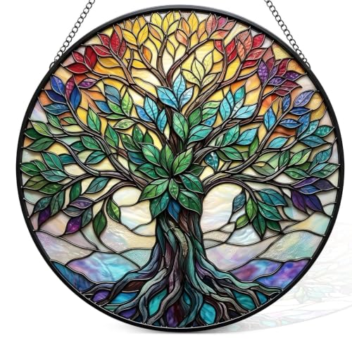 Stained Glass Window Hanging, Tree of Life 3D Embossed Diamond Glass S - image 2