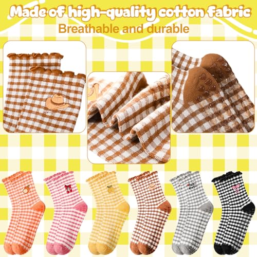 Image of 6 Pairs Cute Pilates Socks with Grips Cute Ruffle Grippy Socks Embroidery Ruffle Striped Frilly Sock for Pilates Barre Ballet Barefoot Workout Hospital US Size 5-8