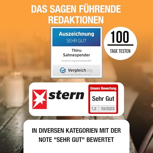 Foto von Thiru Sahnespender inkl.Toolbox - Note sehr gut - 100 Tage testen - Sahnesyphon mit eBook & 3 Edelstahl Tüllen - Sahnesyphon für Schlagsahne, Espuma & warme Speisen (Schneeweiß)