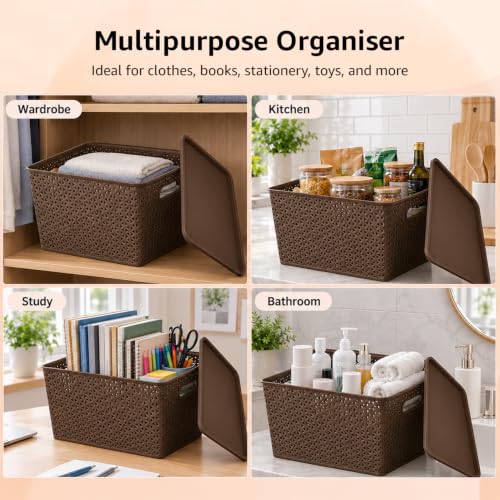 Image of Amazon Basics Set of 3 Plastic Storage Baskets with Lid - Stackable Organiser for Wardrobe, Kitchen, Clothes, Toys, Books, Office Multipurpose Shelf Basket (Large, 36x30x22 cm) | Brown, Rectangular