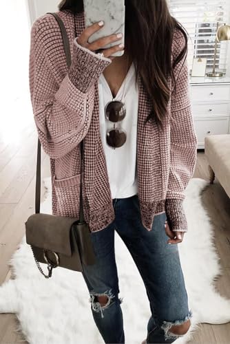 Women's Pink Chunky Waffle Knit Oversized Collar Cardigan2