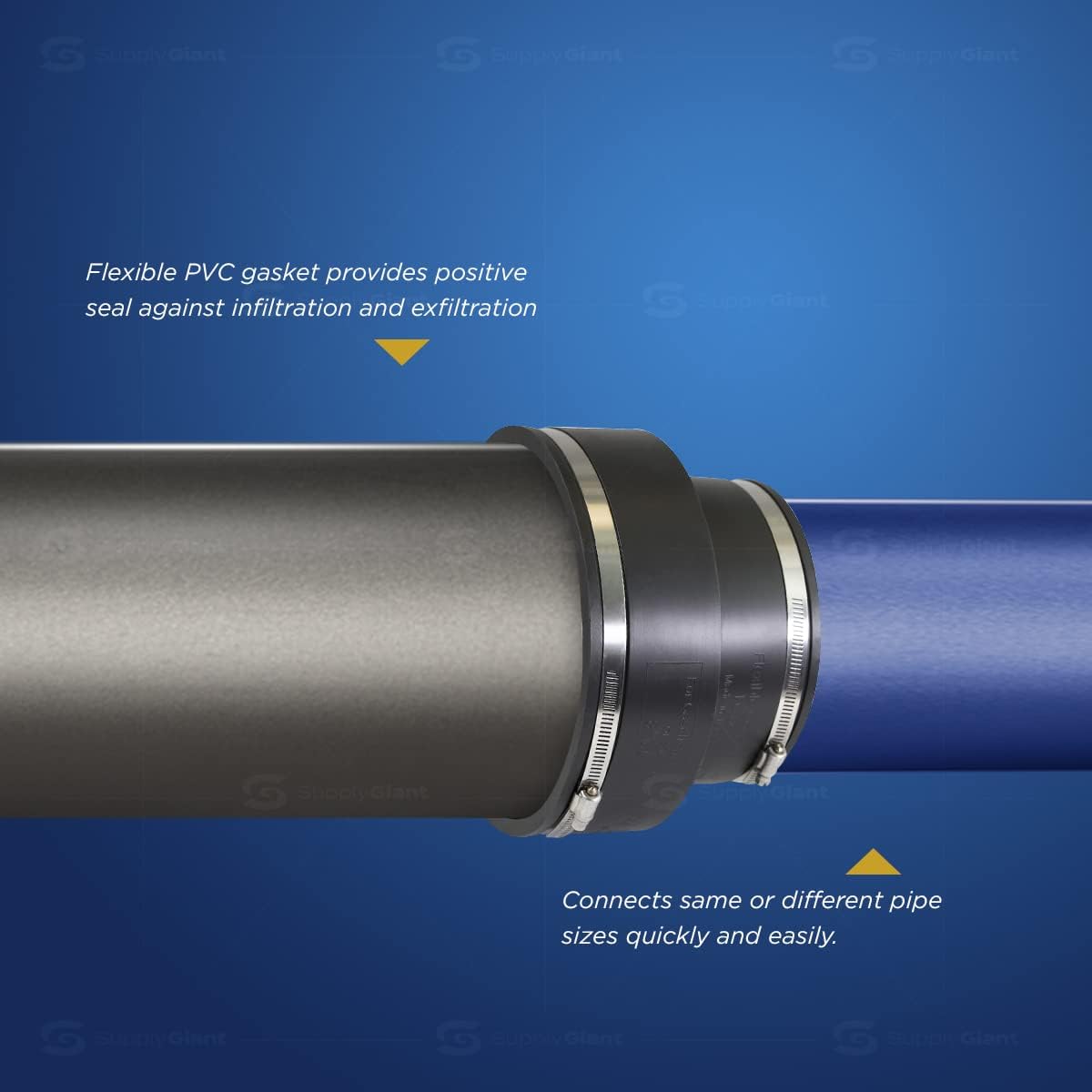 Supply Giant 6I63 Flexible Pvc Reducing Coupling with Stainless Steel Clamps, 8.6" x 6.6" Inner Diameter for 8" x 6" Nominal Pipe, Black