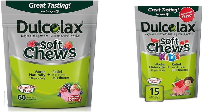 Soft Chews Saline Laxative Mixed Berry (60ct) Gentle Constipation Relief & Kids Soft Chews Saline Laxative Watermelon Gentle Constipation Relief, Magnesium