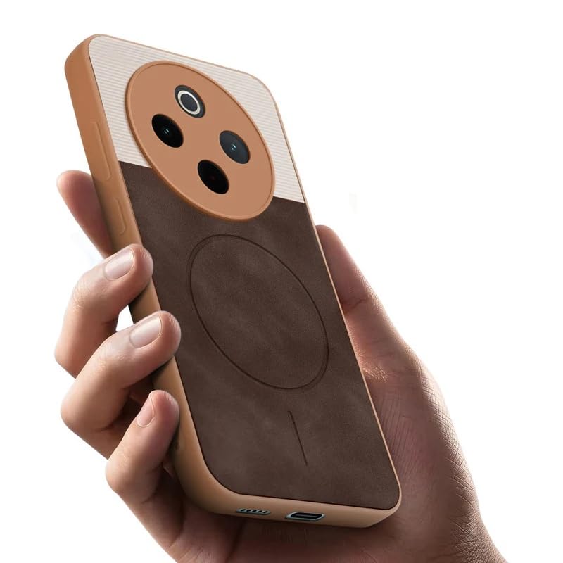 Image of Bintage case Macc-Safe Design Hard Light Weight Back Case | Soft Border Camera Protect | Dual PU Leather Finish Back Cover Compatible for iQOO Z10 5G /Vivo T4 5G - White & Cherry Brown