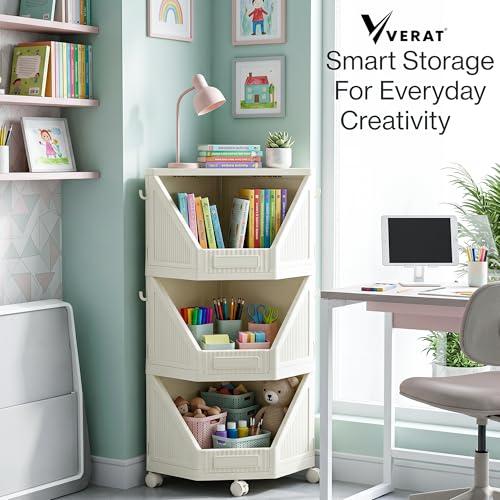 Image of VERAT 3 Tier Plastic Corner Storage Cabinet Foldable Cupboard with Layer Locking System Multipurpose Storage Organizer Rack for Clothes Books Toys and Home Decor White (Off White)