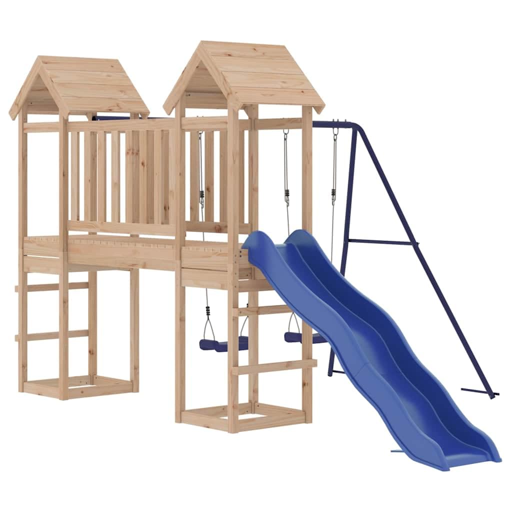 Wieża do zabawy z litego drewna sosnowego z mostkiem, zjeżdżalnią, podwójną huśtawką i piaskownicą, do ogrodu i na podwórko, platforma 90 cm, dla dzieci w wieku od 3 do 8 lat na zewnątrz