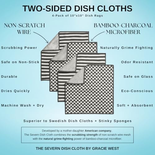 Severn Dish Cloths for Washing Dishes 4pk. Odor-Resistant Dish Rags with Non-Scratch Wire Scrubber Side for Kitchen Cleaning. Grime-Fighting Bamboo-Charcoal Microfiber 2-Sided Dishrags. Machine Wash