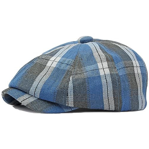 Mens Plaid Newsboy Cap Scally Newsies Ivy Cabbie Golf Hat Blue
