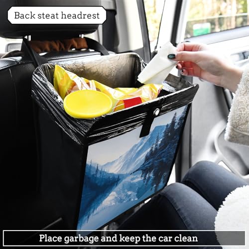 Image of Car Trash Can Organizer Bin with Adjustable Strap for Back Front Seat Console Waterproof Leakproof Collapsible Portable 11 Inch Winter Blue Mountain and Mirrored Lake