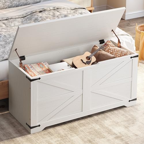 DWVO Storage Bench, 39.4" Farmhouse Storage Chest with 2 Safety Hinges, Wooden Storage Organizer, Shoe Bench for Entryway, Bedroom, Living Room, White