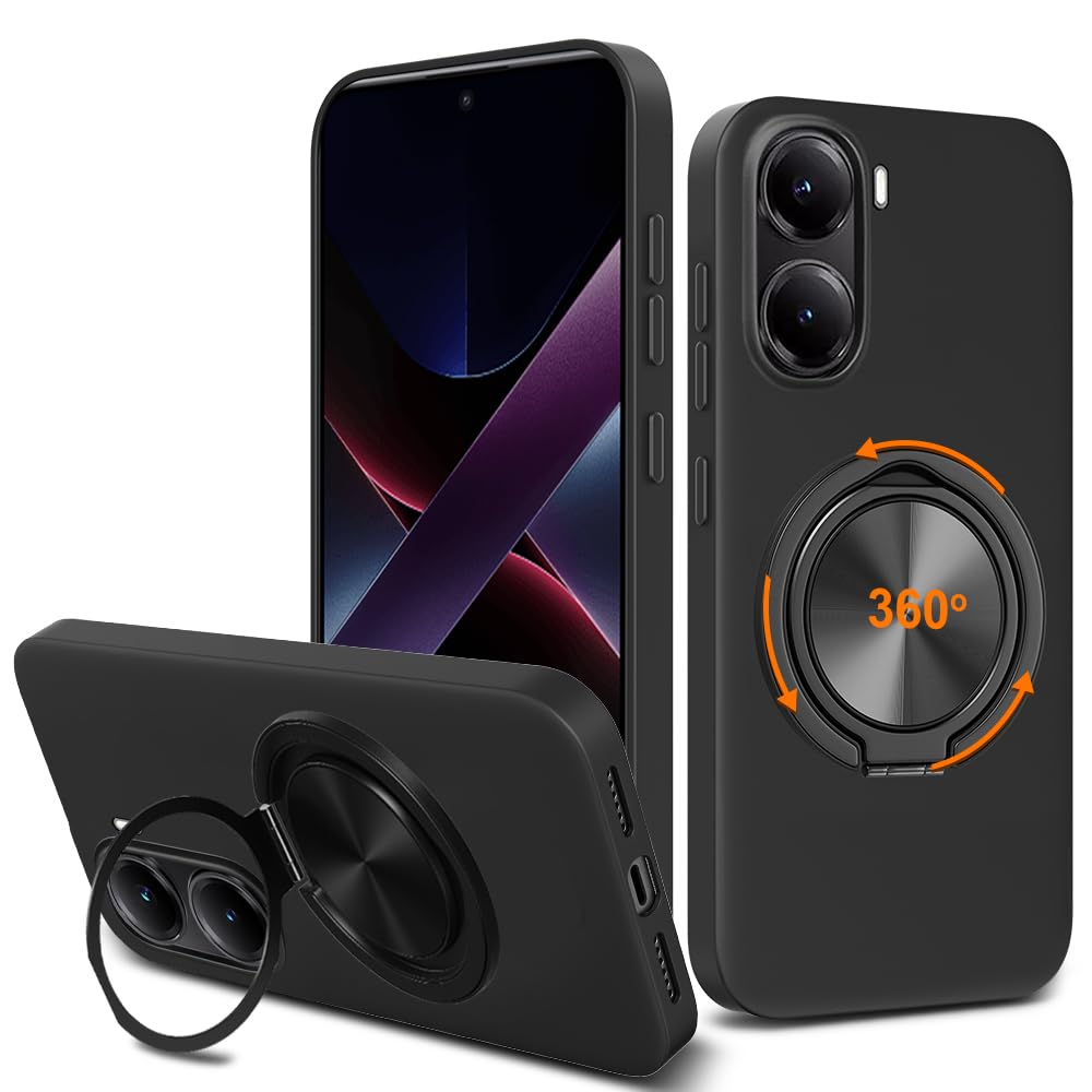 Compatible for Xiaomi Poco X7 Pro 5G / Redmi Turbo 4 5G Phone Case, 360° Rotatable Ring Holder Kickstand/Stand Silicone TPU Shockproof Protective Cover Case for Xiaomi Poco X7 Pro 5G 2025 - Black