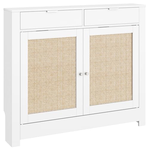 HOMCOM Cubre Radiadores con Puertas Abatibles y Ratán, Cubreradiador de MDF, 111x19x95,5 cm, Cubierta para Radiador, 2 Compartimentos, Diseño Bohemio, para Salón, Dormitorio, Blanco