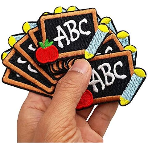 2.6"x1.8" 12pcs Black to School ABC Black Board Patch Iron On Embroidered Patches Appliques Machine Embroidery Needlecraft Clothes Accessory Sewing DIY Cover