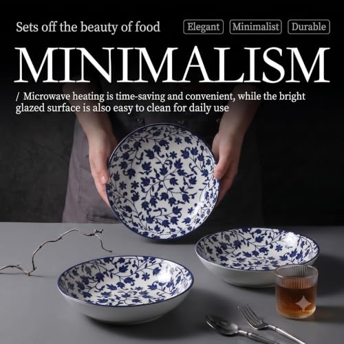 Image of Ceramic Pasta Plate, 20.4 cm Porcelain Dinner Plates, Microwave & Dishwasher Safe, Food Grade Ceramic, Deep Serving Plate for Pasta, Salad, Soup, Curry & Noodles (Blue Floral Vine Pattern, PACK OF 4)