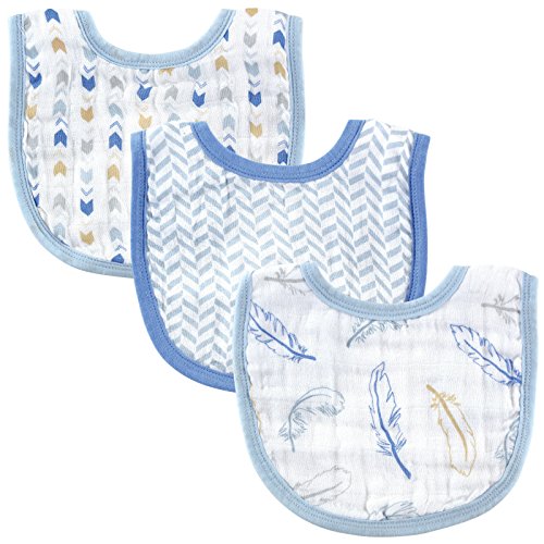 Hudson Baby Muslin Bib, Blue Feathers, 6.25