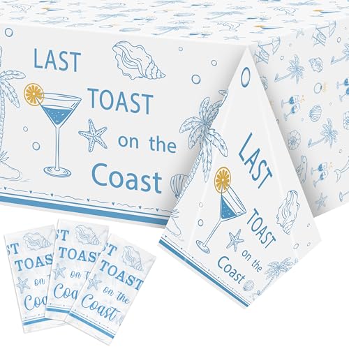 Image of K1tpde 3PCS Last Toast On The Coast Bachelorette Party Tablecloth for Adult, Coastal Themed Blue Wine Cup Shell Starfish Plastic Tablecloth, Disposable Tablecover for Bridal Shower Summer Party Decor