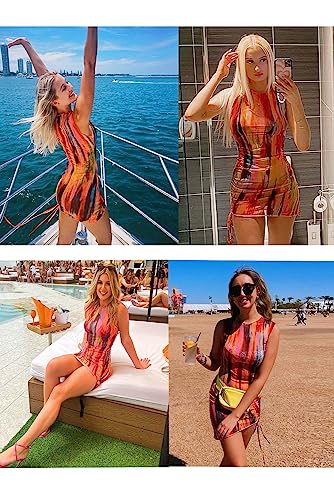 Image of ABMOIU Sexy Mini Print Mesh Dress for Women, See Through Sleeveless Stretchy Bodycon Short Summer Dresses