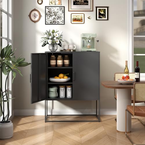 BIZOEIRON Armario buffet con puertas, moderno armario pequeño de metal, aparador buffet almacenamiento para cocina, comedor, salón, diseño antiinclinación (negro)