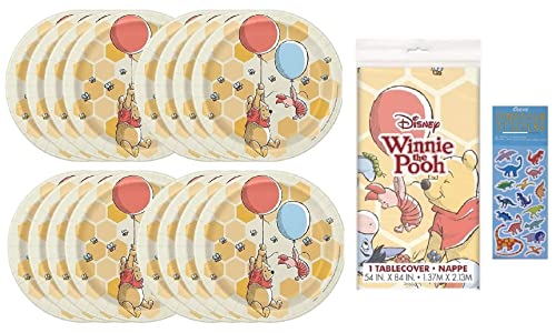 Winnie the Pooh Birthday Party Baby Shower Supplies Bundle includes 16 Dessert Cake Plates 1 Table Cover 1 Dinosaur Sticker