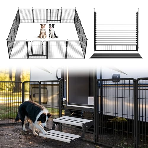 Image of FXW Rollick Unleashed Dog Playpen for Indoor, Yard, RV Camping, 32 inch 16 Panels Dog Pen with RV Step Grid for Small and Medium Dogs, Black│Patented