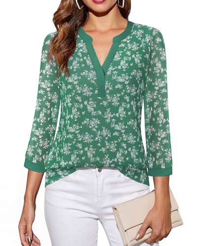 Image of Timeson Women's Short Sleeve V Neck Blouses Shirts Floral Double Layers Mesh Tunics Tops