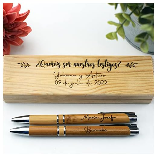 Bolígrafos personalizados con caja de madera grabada testigos de boda DOBLE