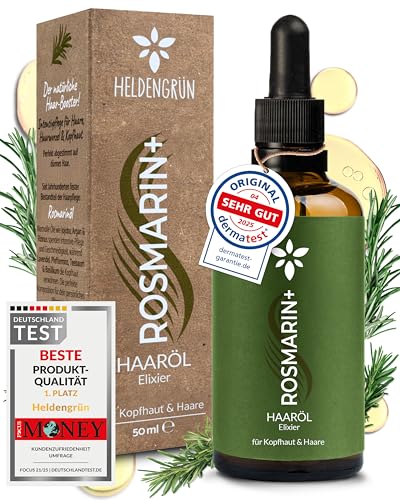 Heldengrün® BIO Rosmarin+ Haaröl [HOCHDOSIERT] Dermatologisch getestet - Natürlicher Haar-Booster mit Jojoba & Rosmarin - Rosmarinöl Haare - Ätherische Ölmischung