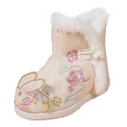 Girls Winter Boots Kids Toddler Chinese Traditional Fleece Lined Boots Cute Floral Embroidered Princess Boot Shoes